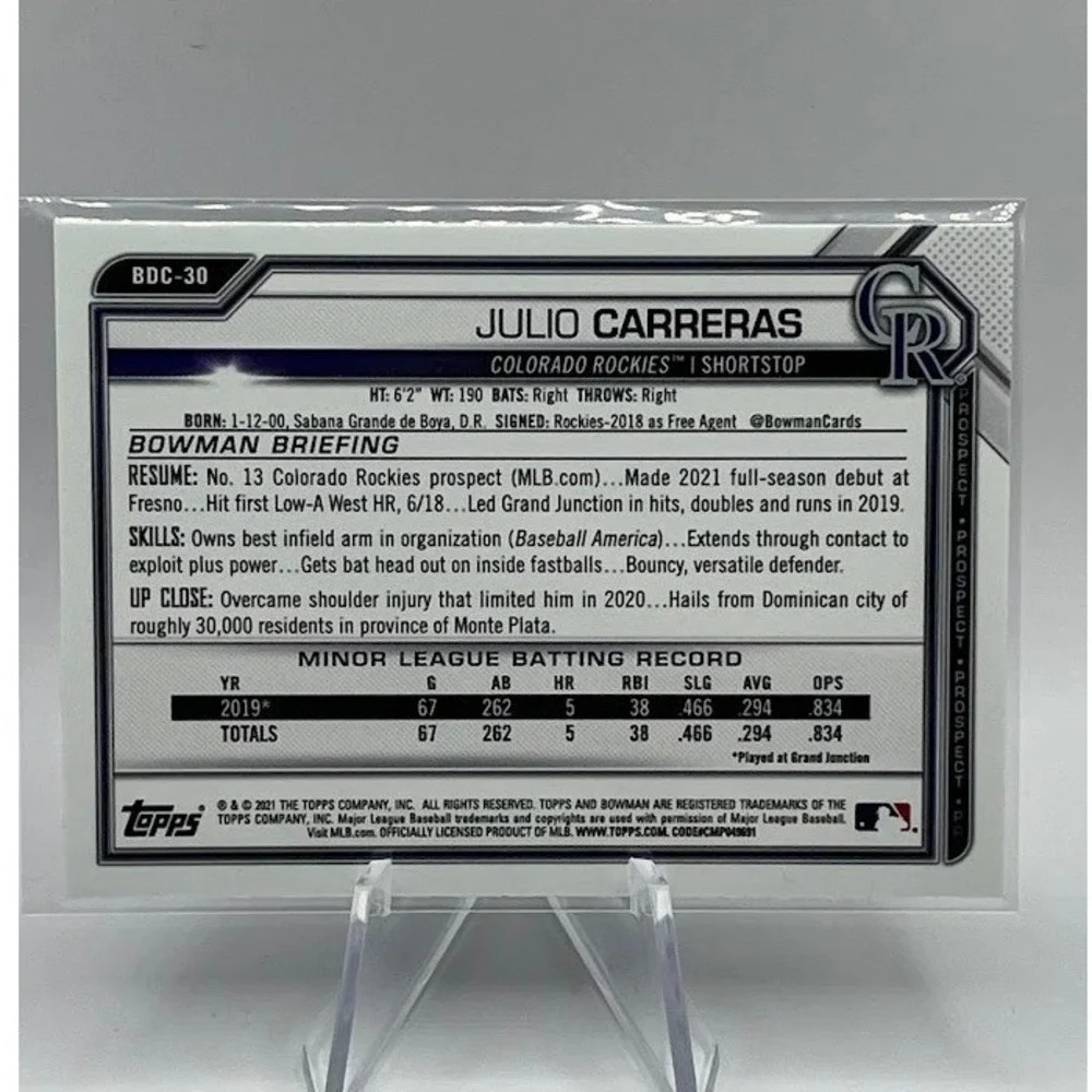 Julio Carreras Blue Sapphire Refractor 2021 Bowman Chrome MLB Colorado Rockies